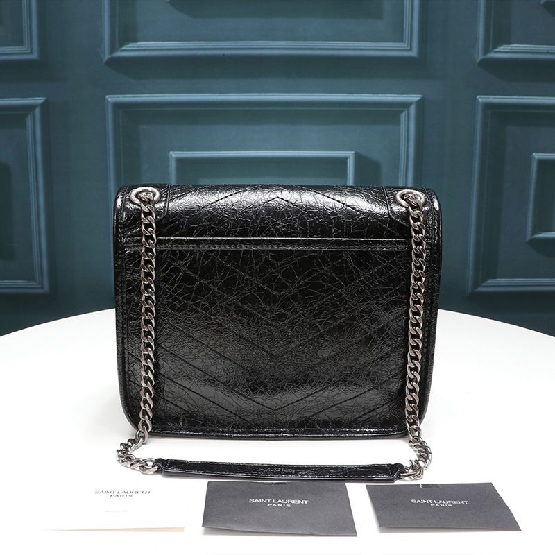 Saint Laurent Baby Niki Chain Bag In Crinkled And Quilted Leather Black Silver