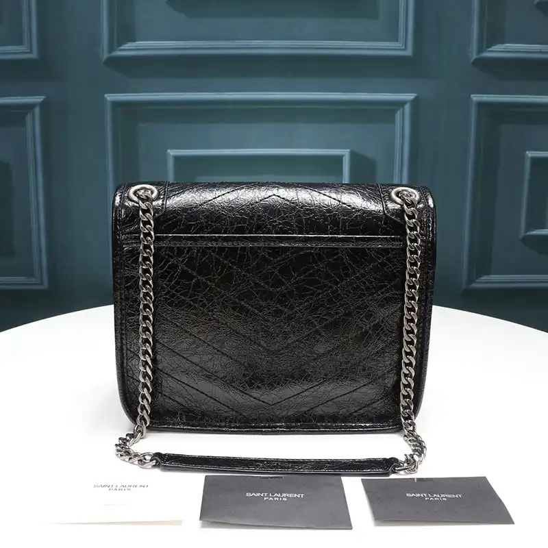 CHEAP Saint Laurent Baby Niki Chain Bag In Crinkled And Quilted Leather Black Silver