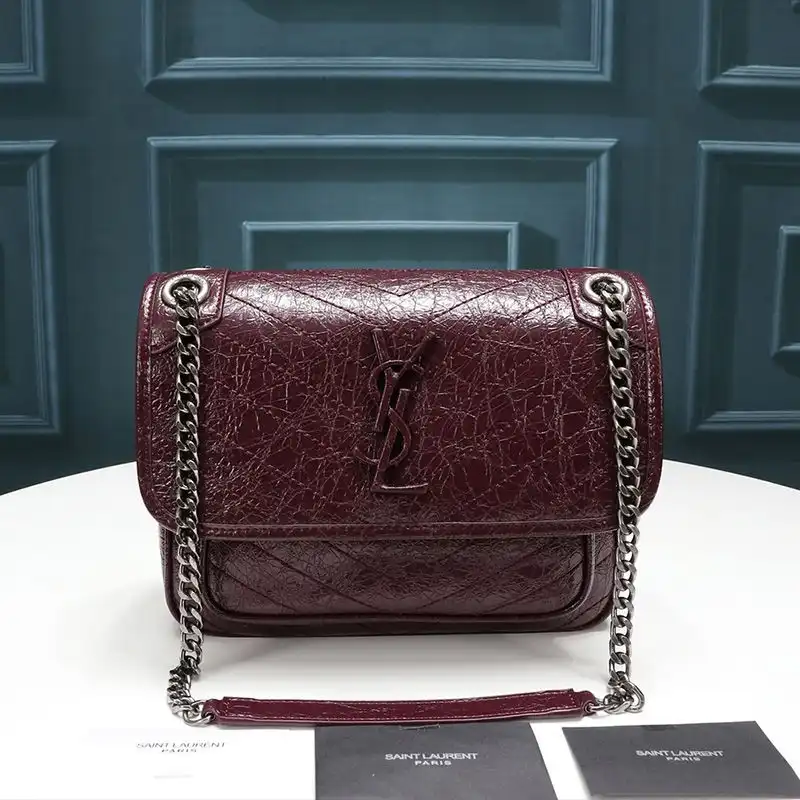 Saint Laurent Baby Niki Chain Bag In Crinkled And Quilted Leather Burgundy Silver