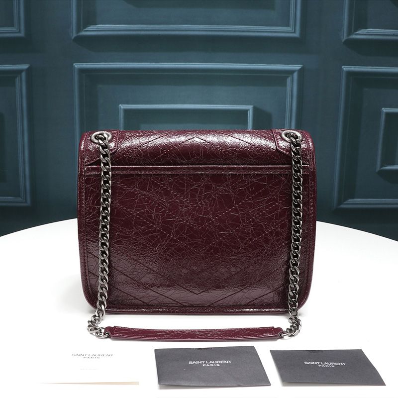 Saint Laurent Baby Niki Chain Bag In Crinkled And Quilted Leather Burgundy Silver