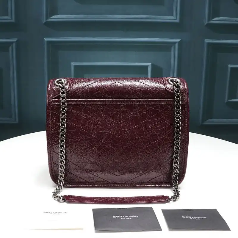 CHEAP Saint Laurent Baby Niki Chain Bag In Crinkled And Quilted Leather Burgundy Silver