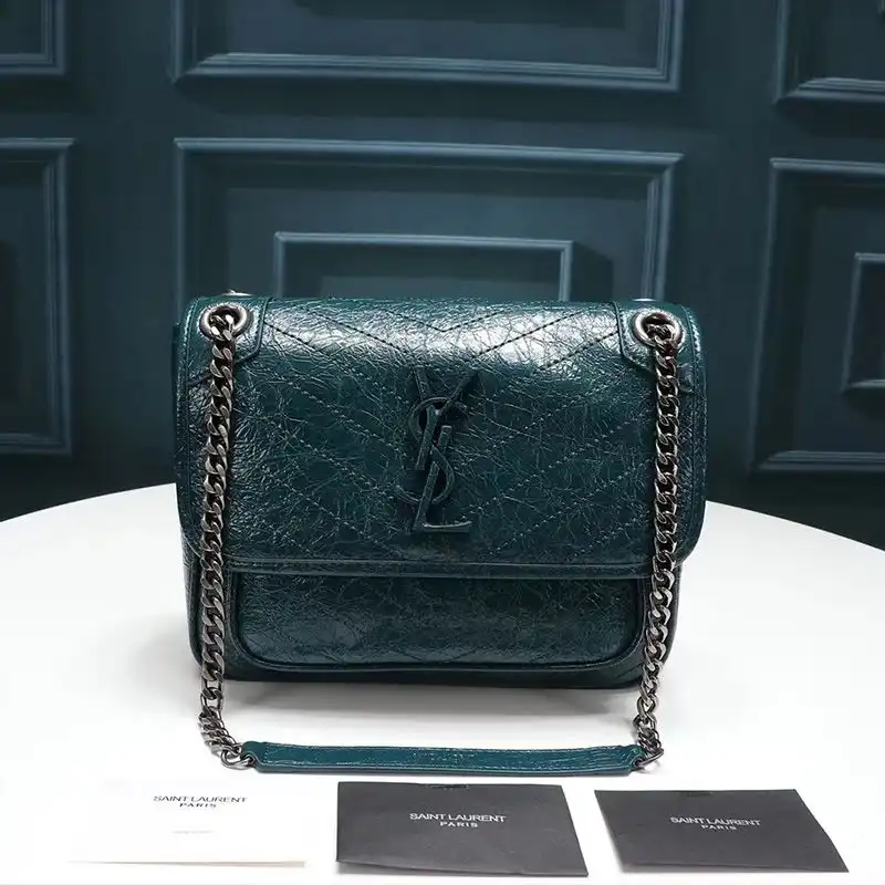 Saint Laurent Baby Niki Chain Bag In Crinkled And Quilted Leather Green Silver