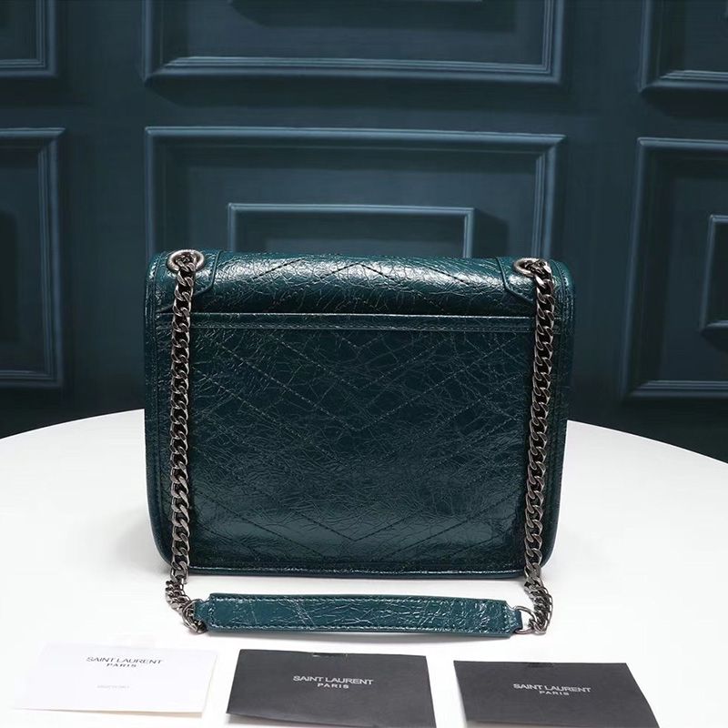 Saint Laurent Baby Niki Chain Bag In Crinkled And Quilted Leather Green Silver