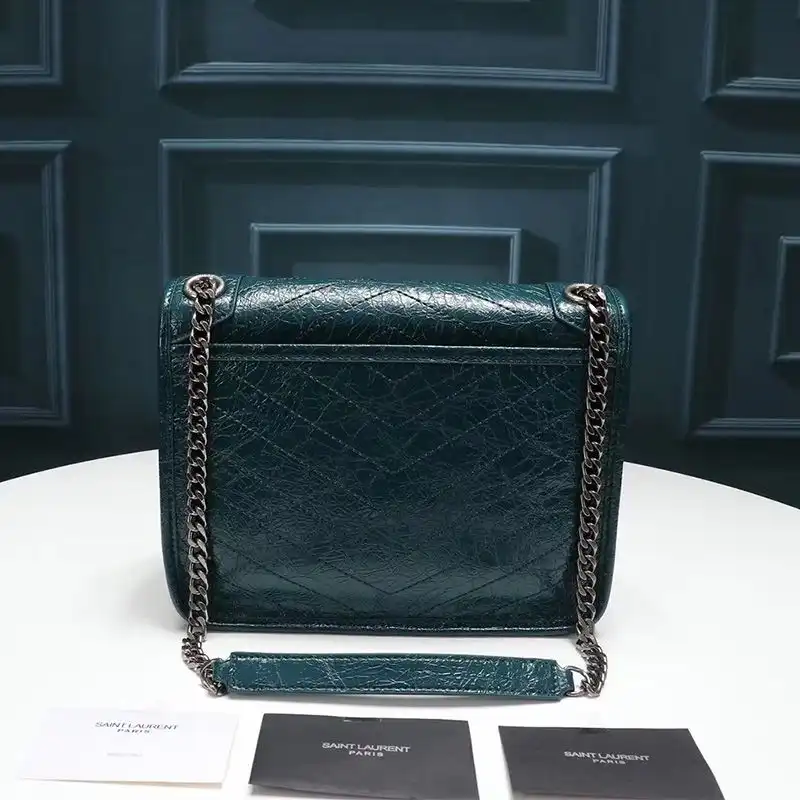 CHEAP Saint Laurent Baby Niki Chain Bag In Crinkled And Quilted Leather Green Silver