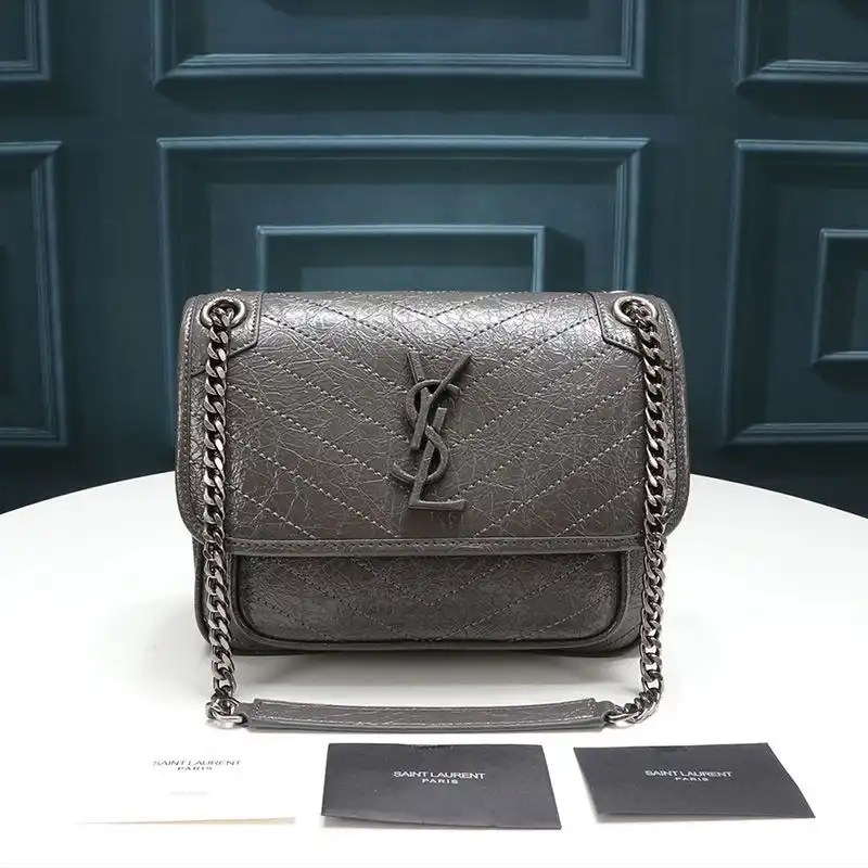 Saint Laurent Baby Niki Chain Bag In Crinkled And Quilted Leather Grey Silver