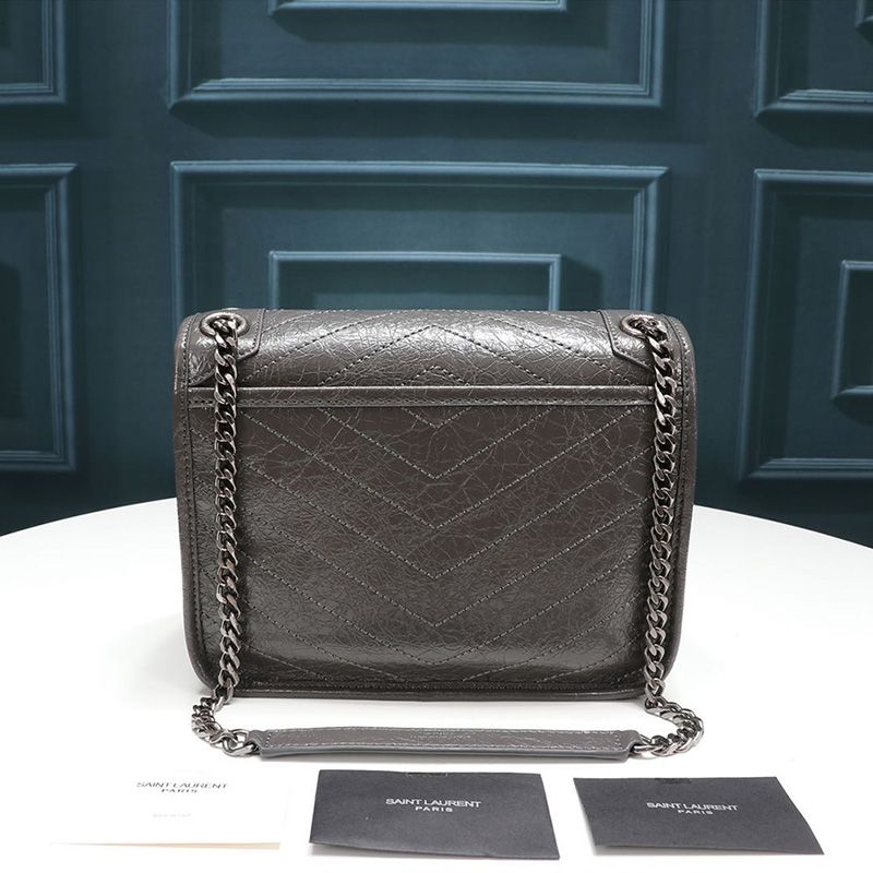 Saint Laurent Baby Niki Chain Bag In Crinkled And Quilted Leather Grey Silver