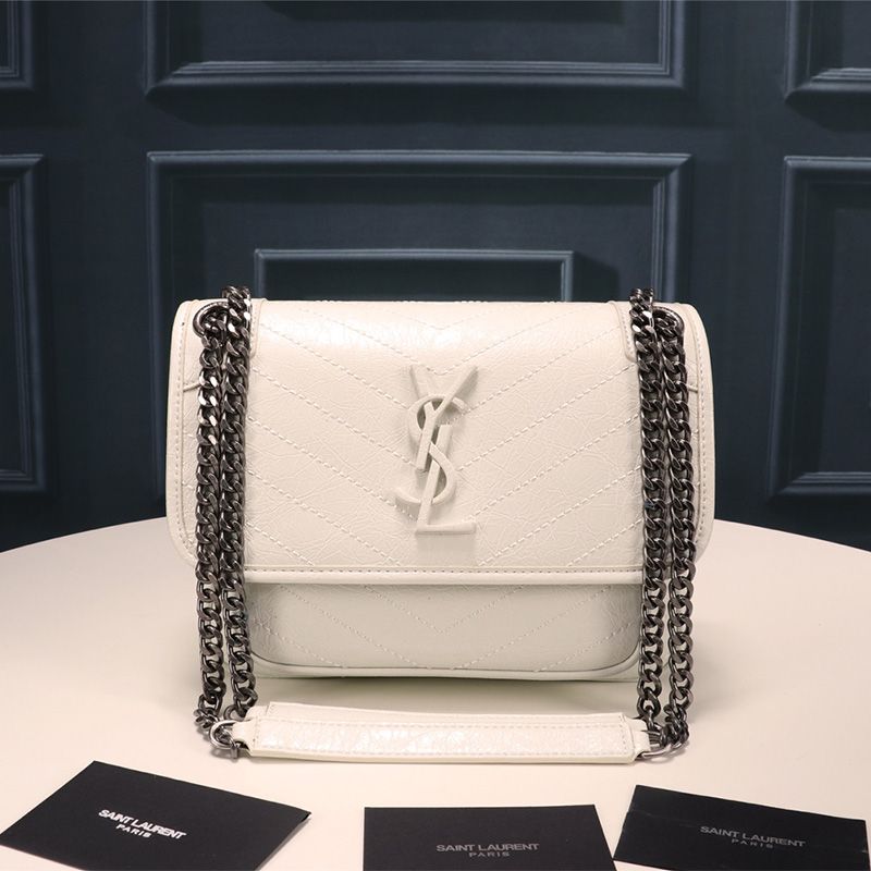 Saint Laurent Baby Niki Chain Bag In Crinkled And Quilted Leather White Silver