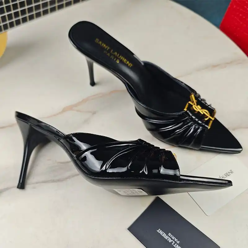 Saint Laurent Babylone Stiletto Mules Women Patent Calfskin Black Gold