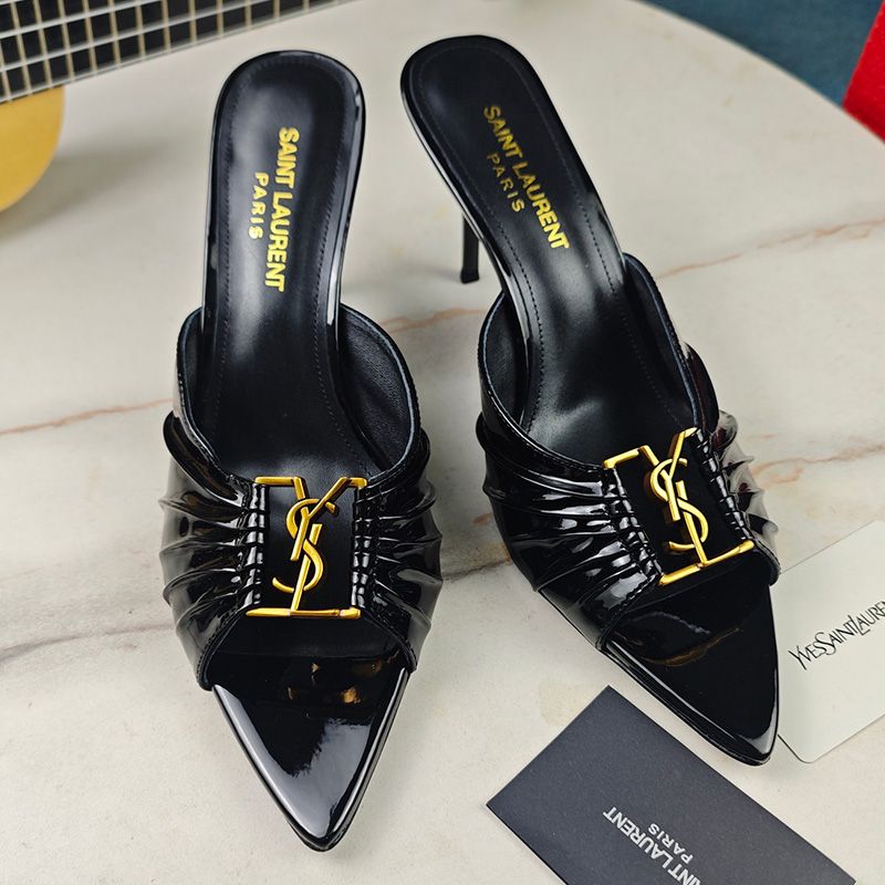 Saint Laurent Babylone Stiletto Mules Women Patent Calfskin Black Gold