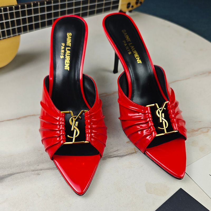 Saint Laurent Babylone Stiletto Mules Women Patent Calfskin Red Gold