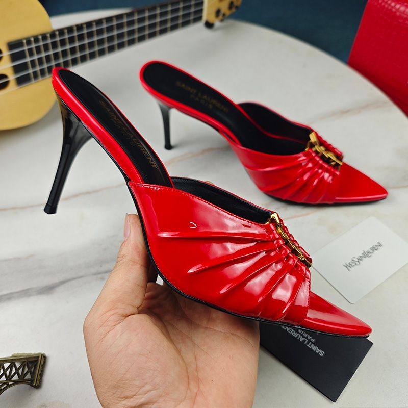 Saint Laurent Babylone Stiletto Mules Women Patent Calfskin Red Gold