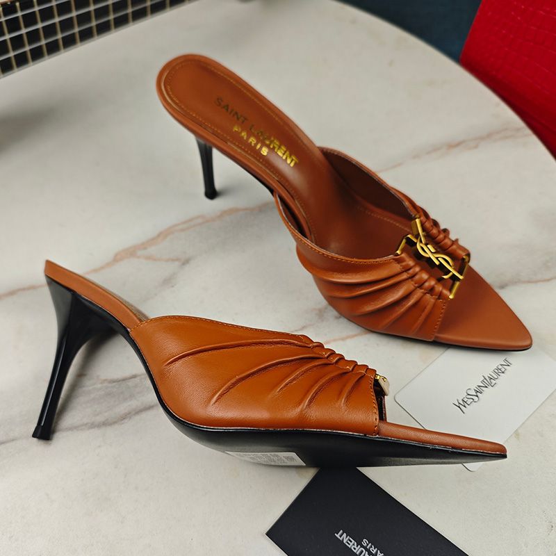 Saint Laurent Babylone Stiletto Mules Women Smooth Calfskin Brown Gold