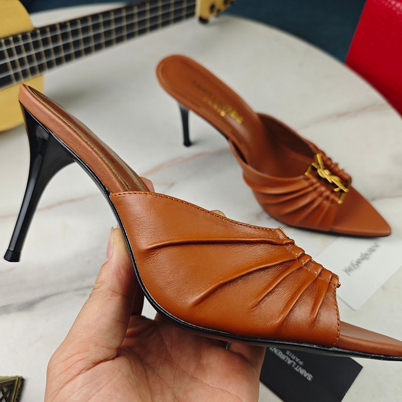 Saint Laurent Babylone Stiletto Mules Women Smooth Calfskin Brown Gold