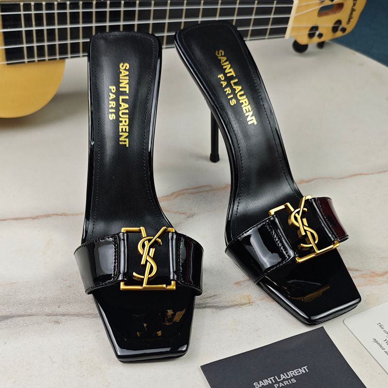 Saint Laurent Babylone Stiletto Slides Women Patent Calfskin Black