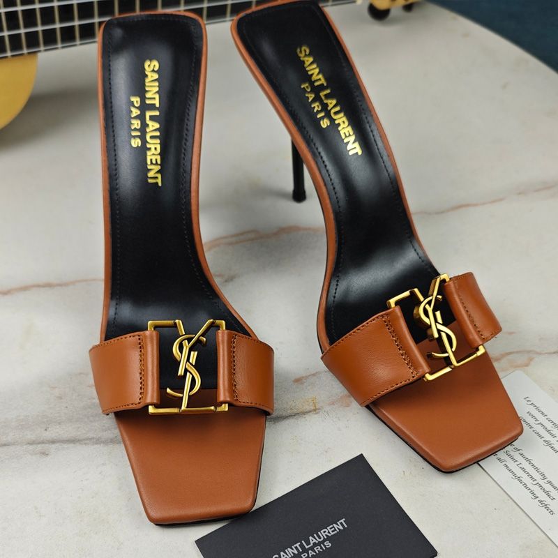 Saint Laurent Babylone Stiletto Slides Women Smooth Calfskin Brown