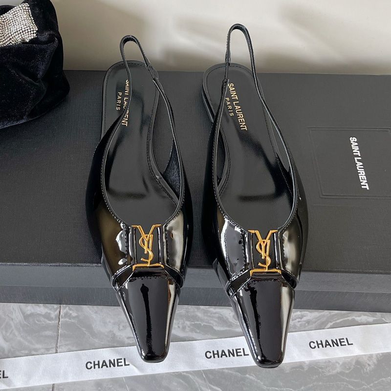 Saint Laurent Babylone Slingback Flats Women Patent Leather Black Gold