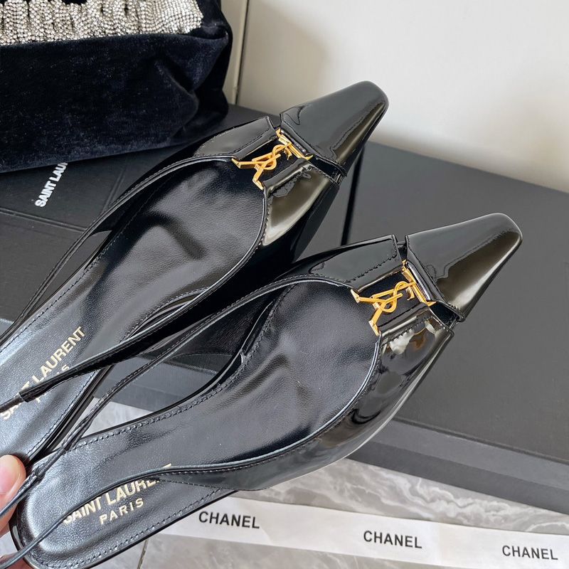 Saint Laurent Babylone Slingback Flats Women Patent Leather Black Gold