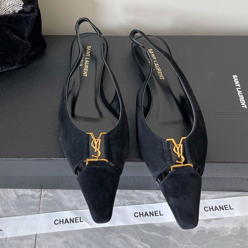 Saint Laurent Babylone Slingback Flats Women Suede Black Gold