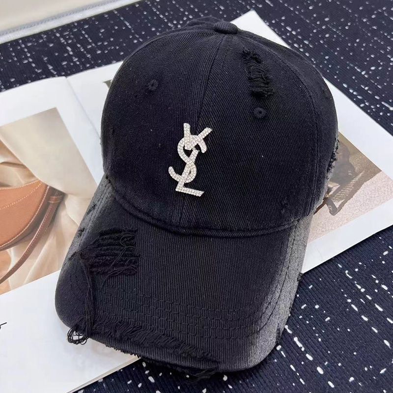 Saint Laurent Baseball Cap In Washed Denim with Cassandre Crystals Black