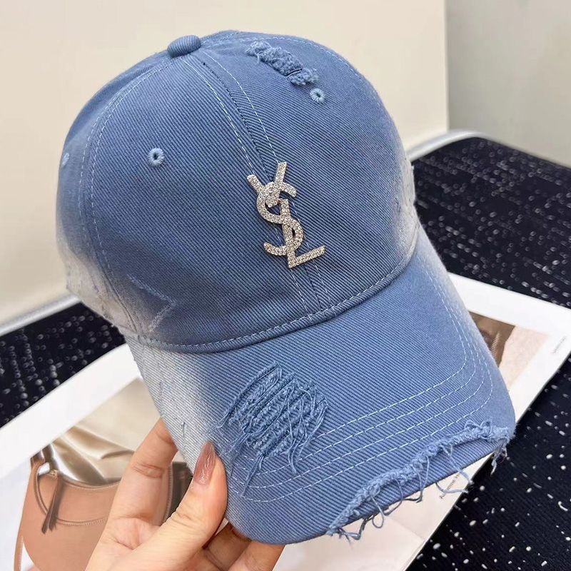 Saint Laurent Baseball Cap In Washed Denim with Cassandre Crystals Blue