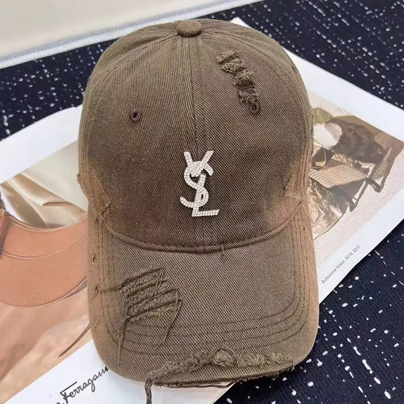 Saint Laurent Baseball Cap In Washed Denim with Cassandre Crystals Brown