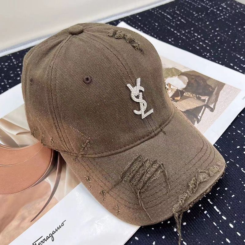 Saint Laurent Baseball Cap In Washed Denim with Cassandre Crystals Brown