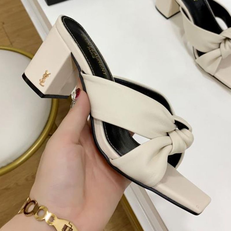 Saint Laurent Bianca Heeled Slides Women Smooth Leather Beige