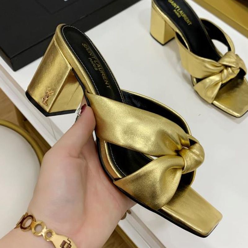 Saint Laurent Bianca Heeled Slides Women Smooth Leather Gold