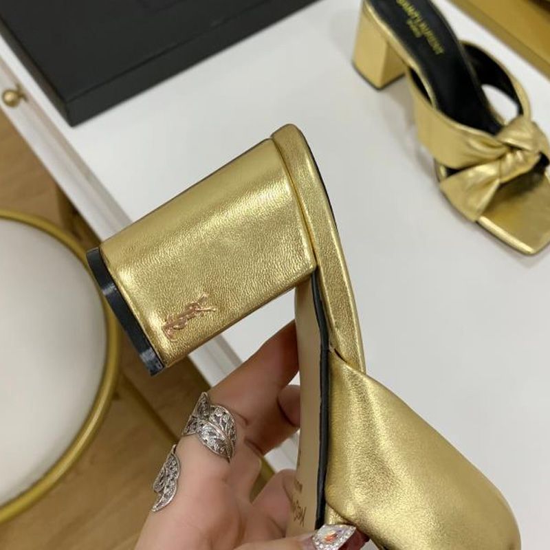 Saint Laurent Bianca Heeled Slides Women Smooth Leather Gold