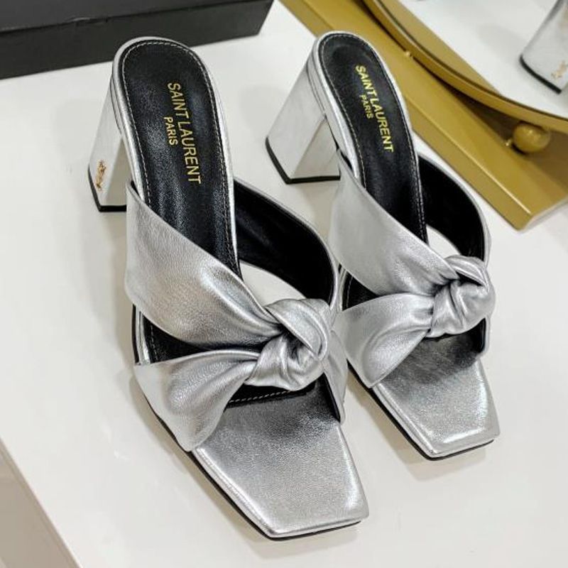 Saint Laurent Bianca Heeled Slides Women Smooth Leather Silver