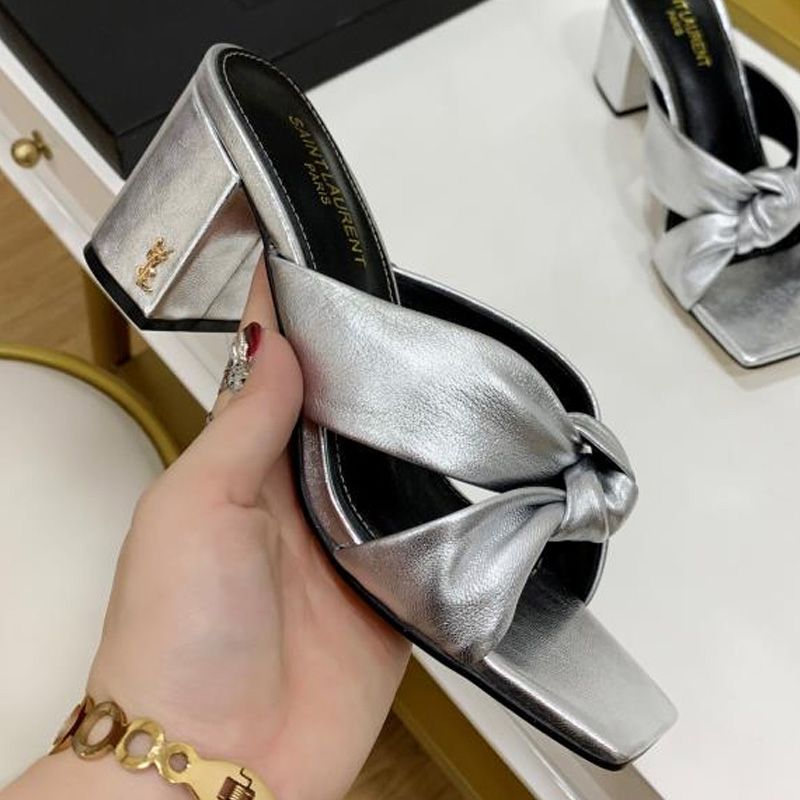 Saint Laurent Bianca Heeled Slides Women Smooth Leather Silver