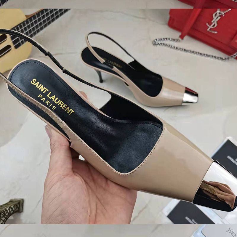 Saint Laurent Blade Slingback Pumps Women Patent Leather Apricot