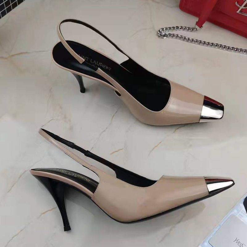 Saint Laurent Blade Slingback Pumps Women Patent Leather Apricot