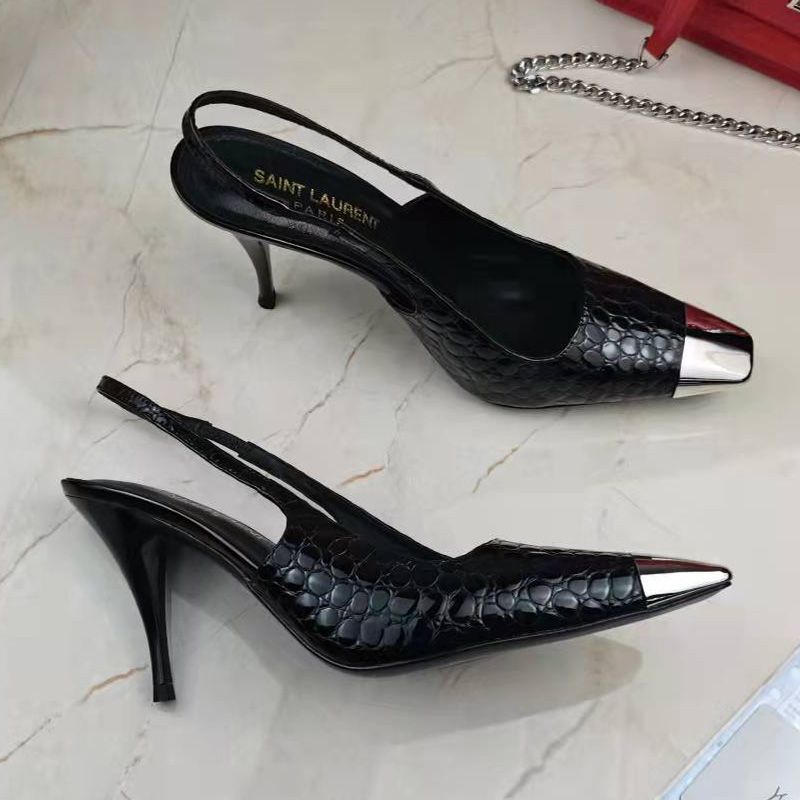 Saint Laurent Blade Slingback Pumps Women Stone Grain Leather Black