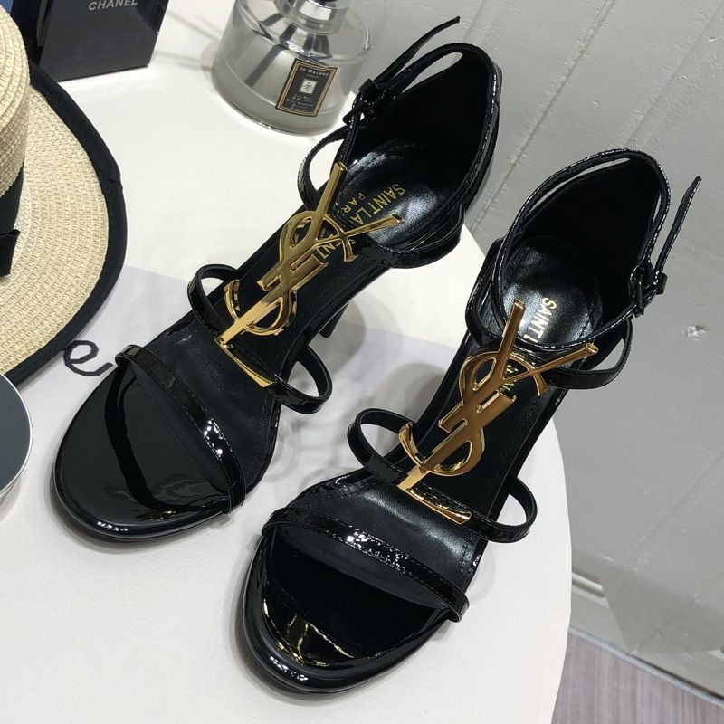 Saint Laurent Cassandra 100 Sandals Women Patent Leather Black Gold