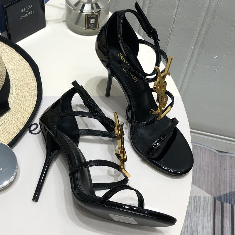 Saint Laurent Cassandra 100 Sandals Women Patent Leather Black Gold