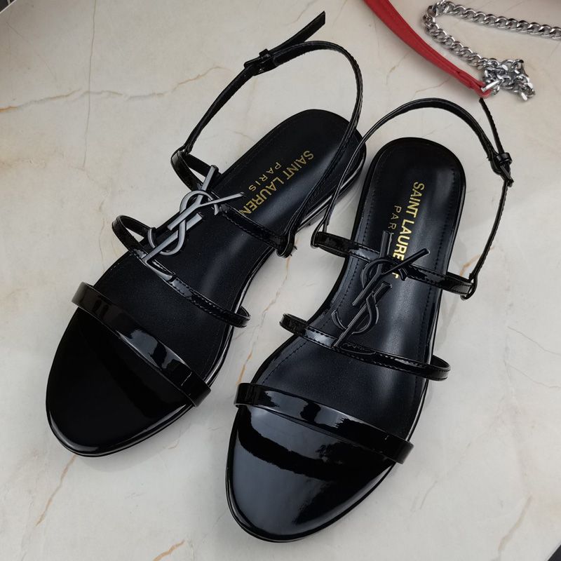 Saint Laurent Cassandra Flat Sandals With Five-Straps Women Patent Leather Black