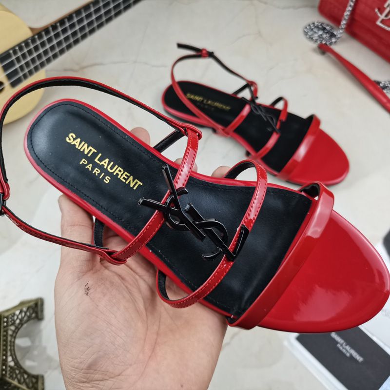 Saint Laurent Cassandra Flat Sandals With Five-Straps Women Patent Leather Red Black