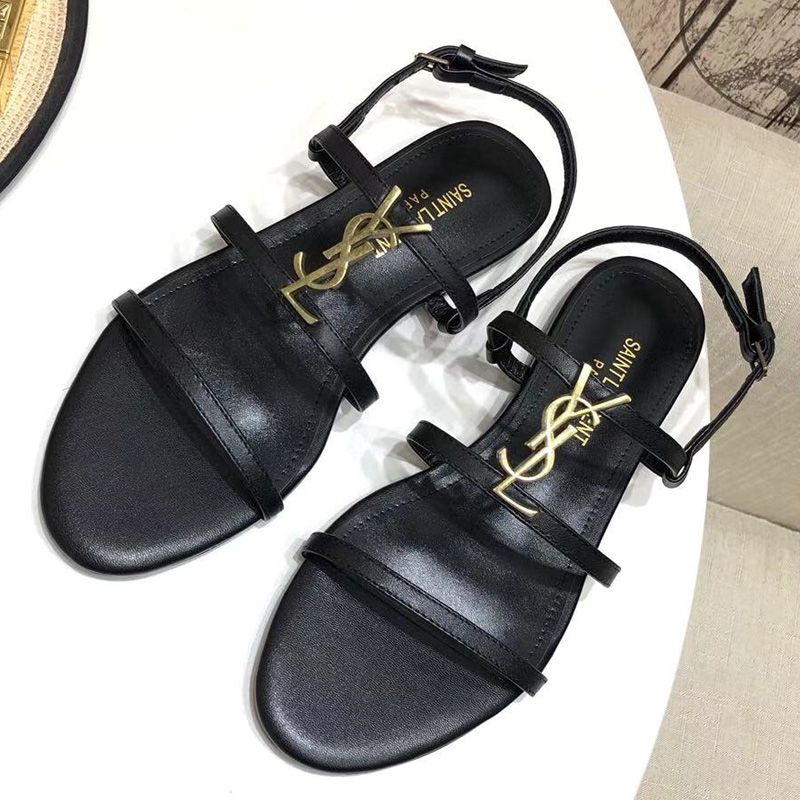 Saint Laurent Cassandra Flat Sandals With Five-Straps Women Smooth Leather Black Gold