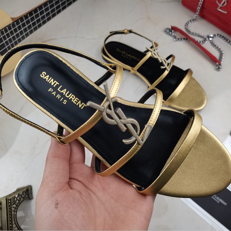 Saint Laurent Cassandra Flat Sandals With Five-Straps Women Smooth Leather Gold