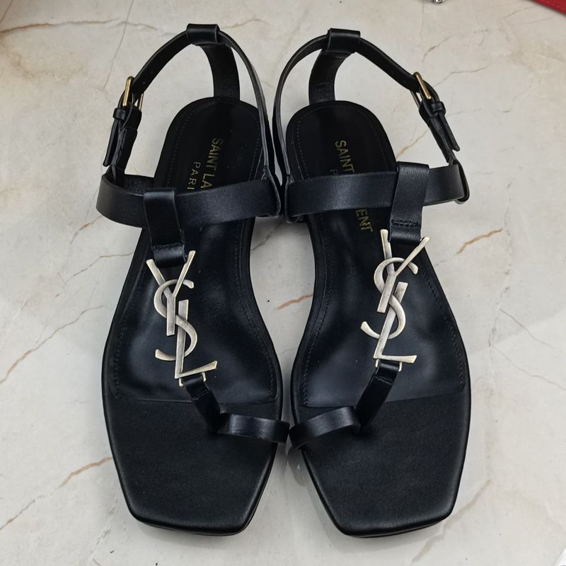 Saint Laurent Cassandra Flat Sandals with Toehold Loop Women Smooth Leather Black