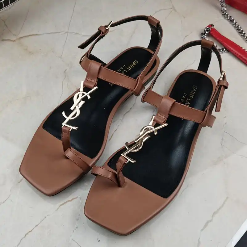 Saint Laurent Cassandra Flat Sandals with Toehold Loop Women Smooth Leather Brown