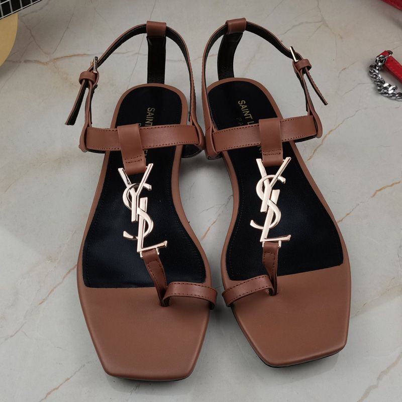 Saint Laurent Cassandra Flat Sandals with Toehold Loop Women Smooth Leather Brown