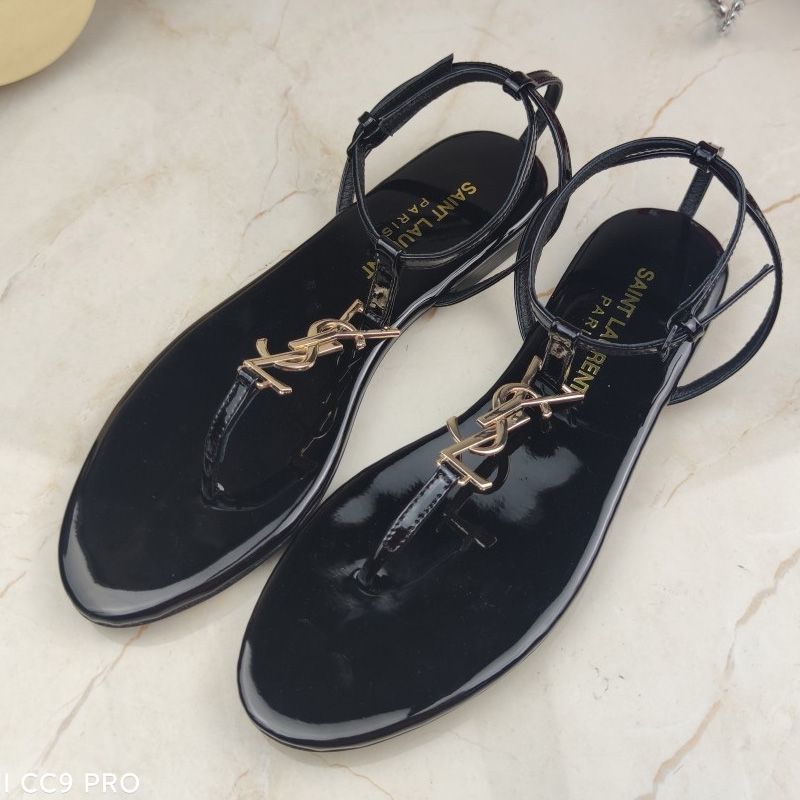 Saint Laurent Cassandra Flat Sandals With T-Strap Women Patent Leather Black Gold