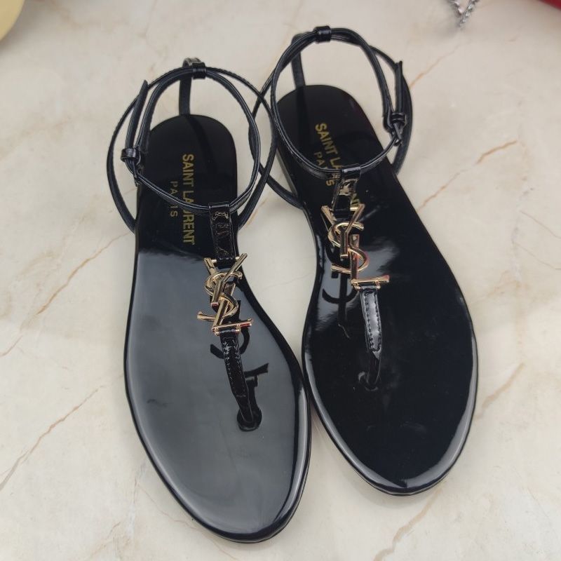 Saint Laurent Cassandra Flat Sandals With T-Strap Women Patent Leather Black Gold