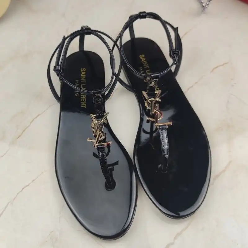 CHEAP Saint Laurent Cassandra Flat Sandals With T-Strap Women Patent Leather Black Gold