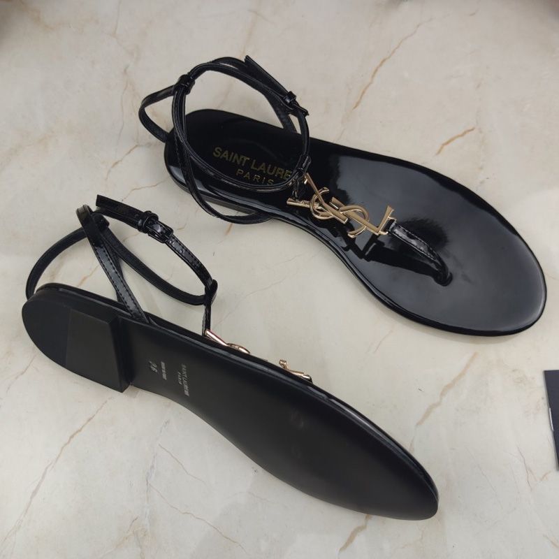 Saint Laurent Cassandra Flat Sandals With T-Strap Women Patent Leather Black Gold