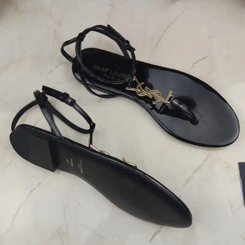 CHEAP Saint Laurent Cassandra Flat Sandals With T-Strap Women Patent Leather Black Gold