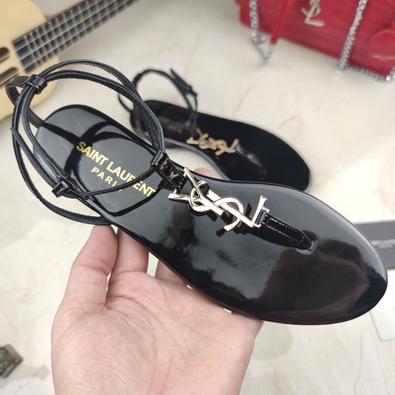 Saint Laurent Cassandra Flat Sandals With T-Strap Women Patent Leather Black Gold