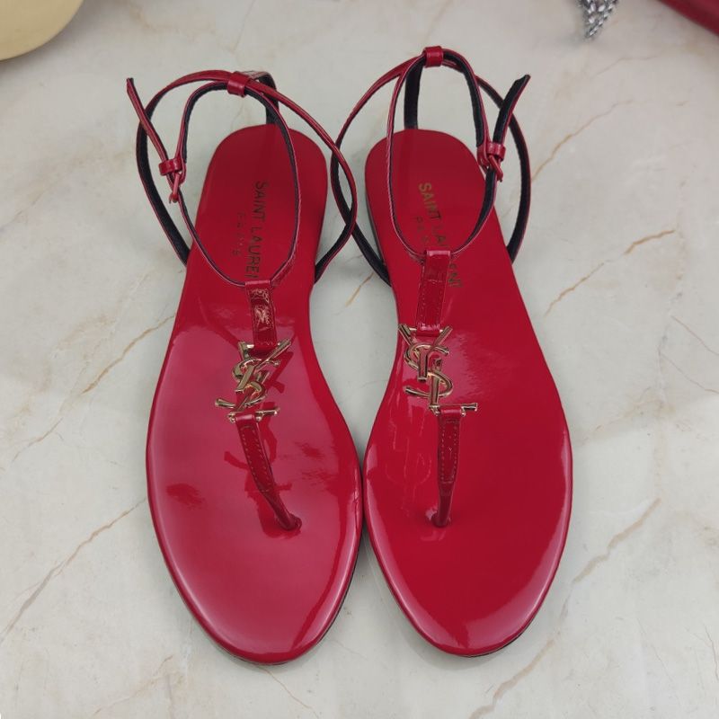 Saint Laurent Cassandra Flat Sandals With T-Strap Women Patent Leather Red Gold